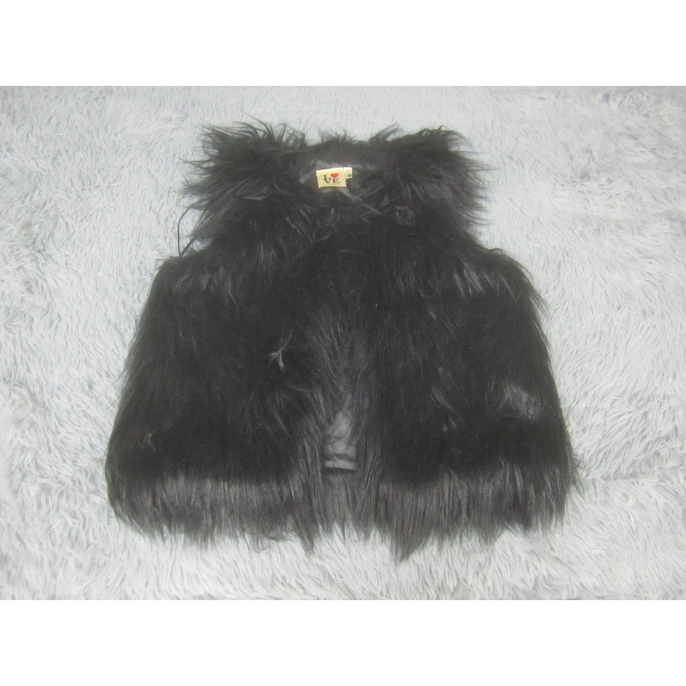 LOVE Point Black Faux Fur Vest Womens Small Black Shaggy Polyester